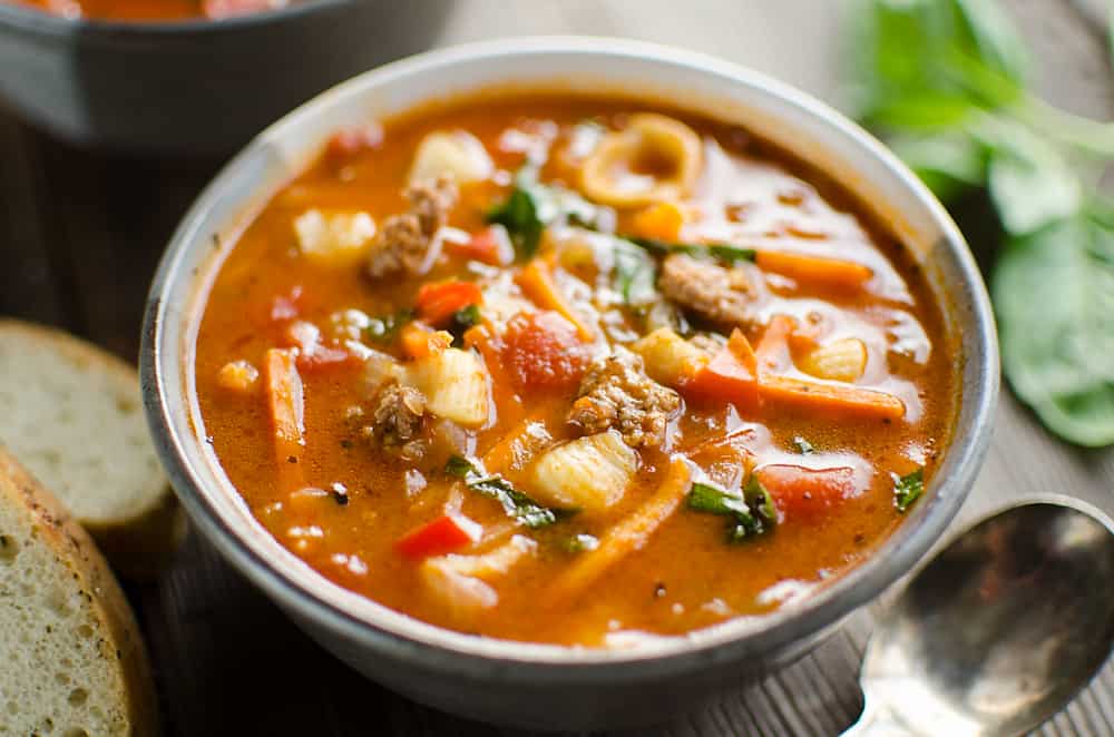 Beef and pasta soup in pressure cooker.