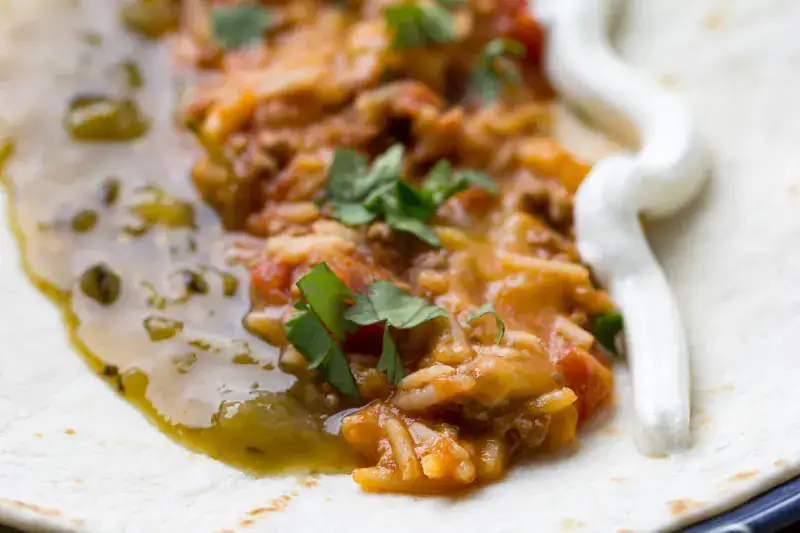 One-pan beef and bean burrito-style dish.