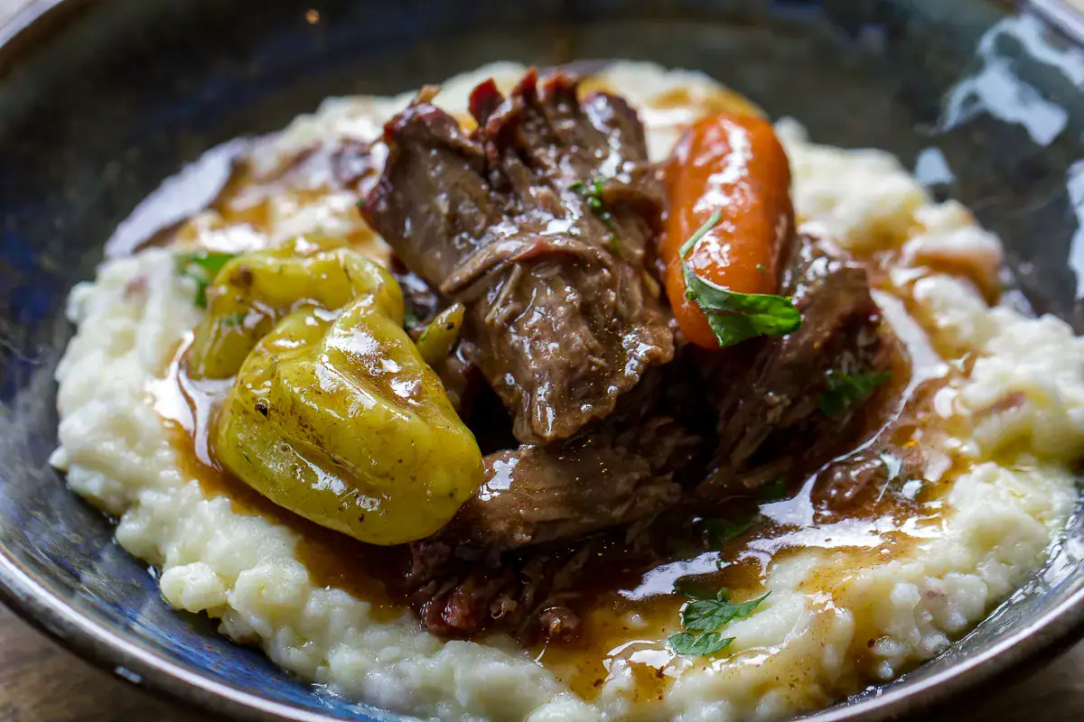 Tender pot roast with rich gravy.
