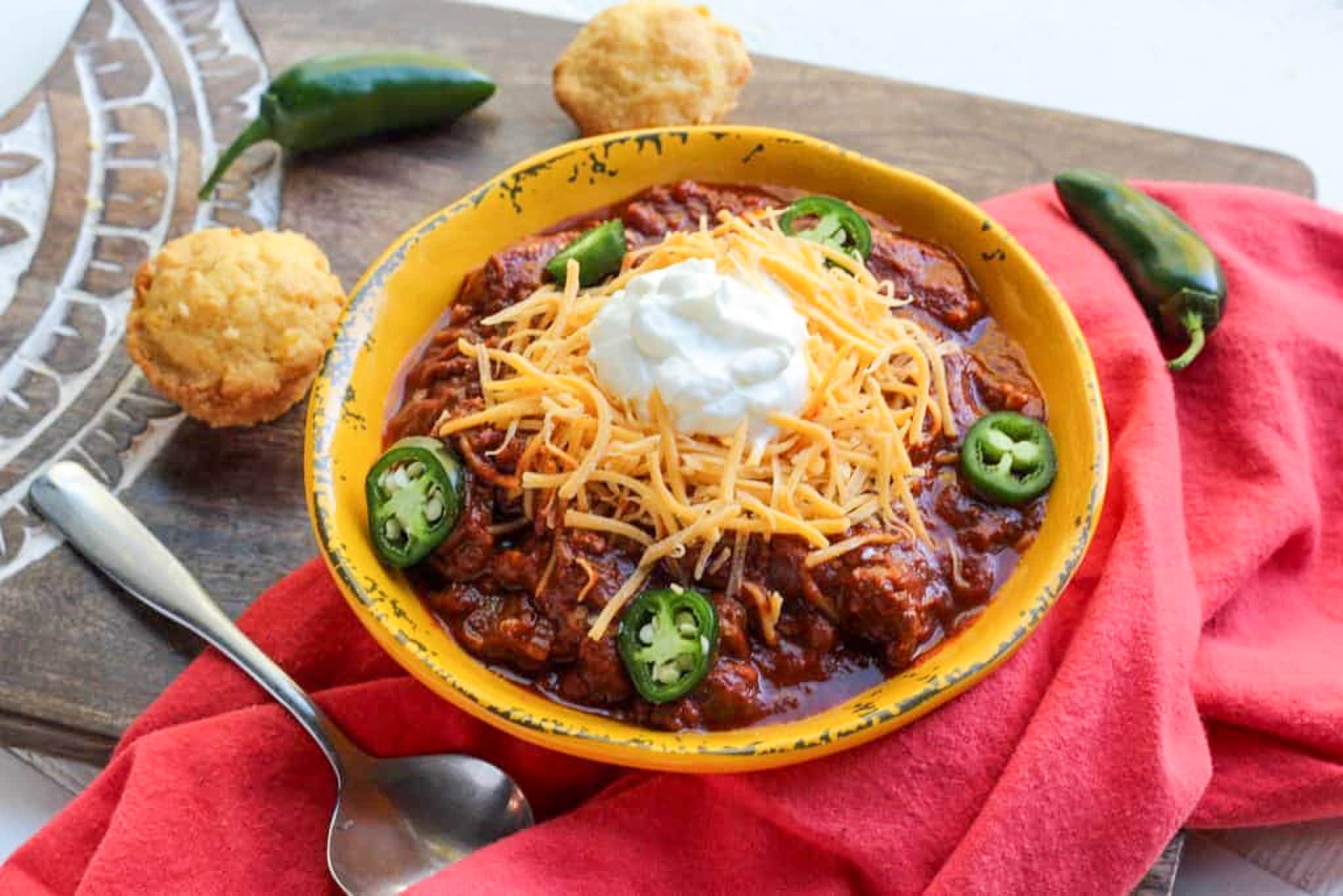 Hearty chili with chunks of steak.