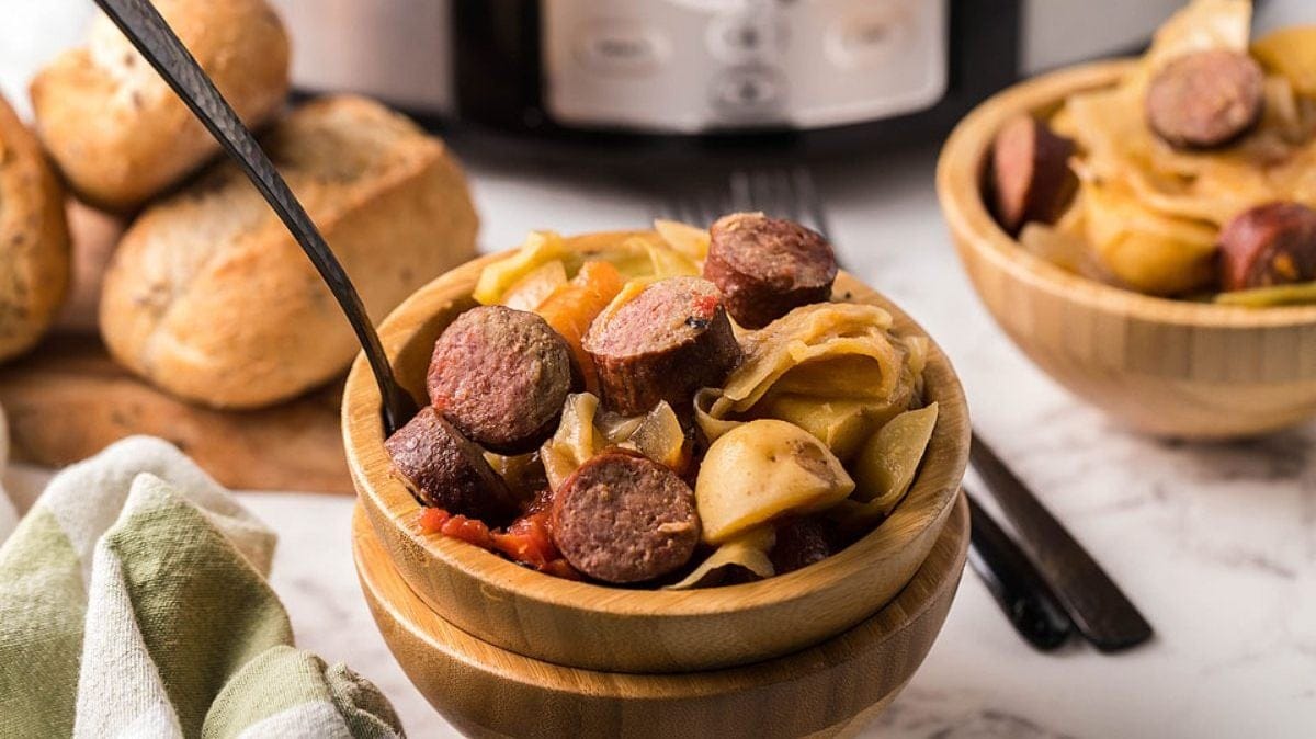 Kielbasa with cabbage and potatoes in slow cooker.