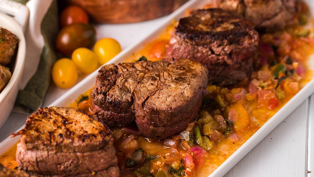 Beef medallions roasted with tomato relish.