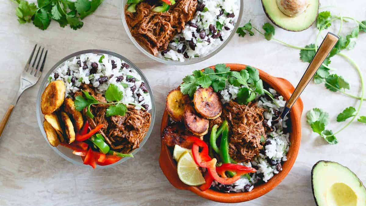 Mexican-style shredded beef in bowls.