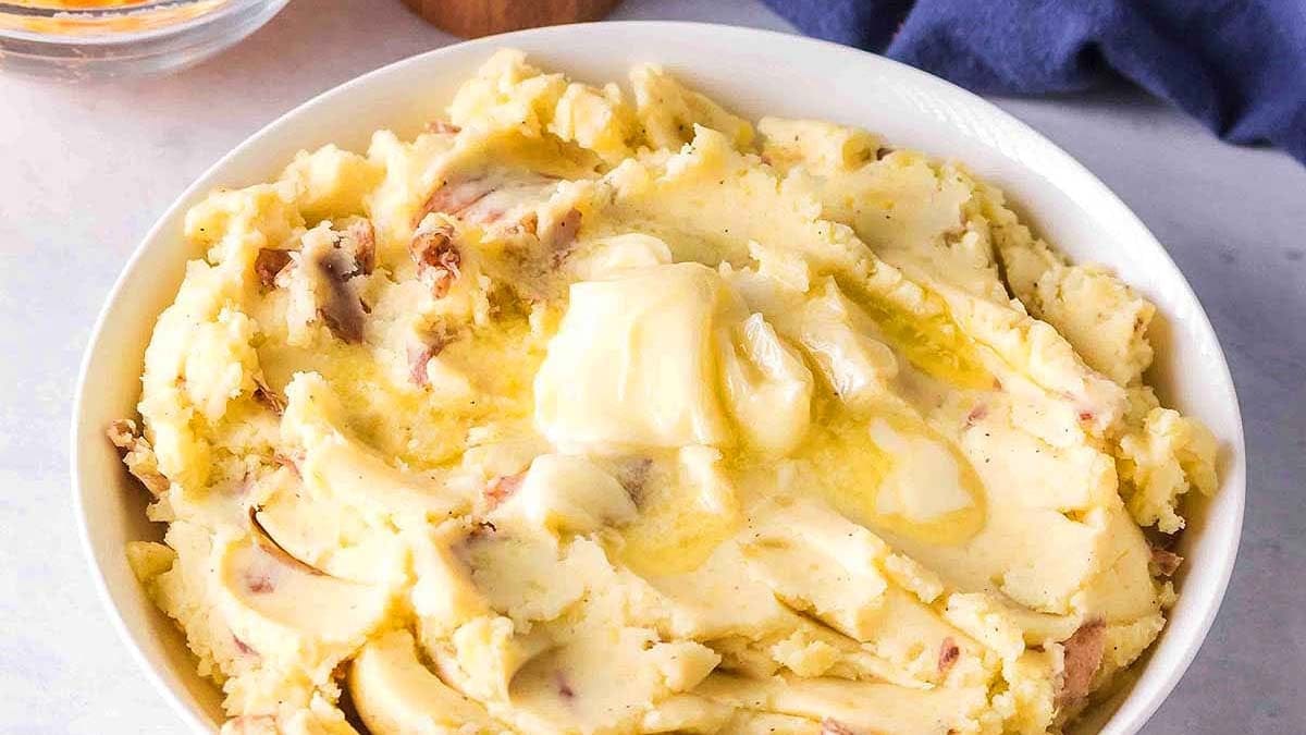 Creamy mashed red-skinned potatoes.