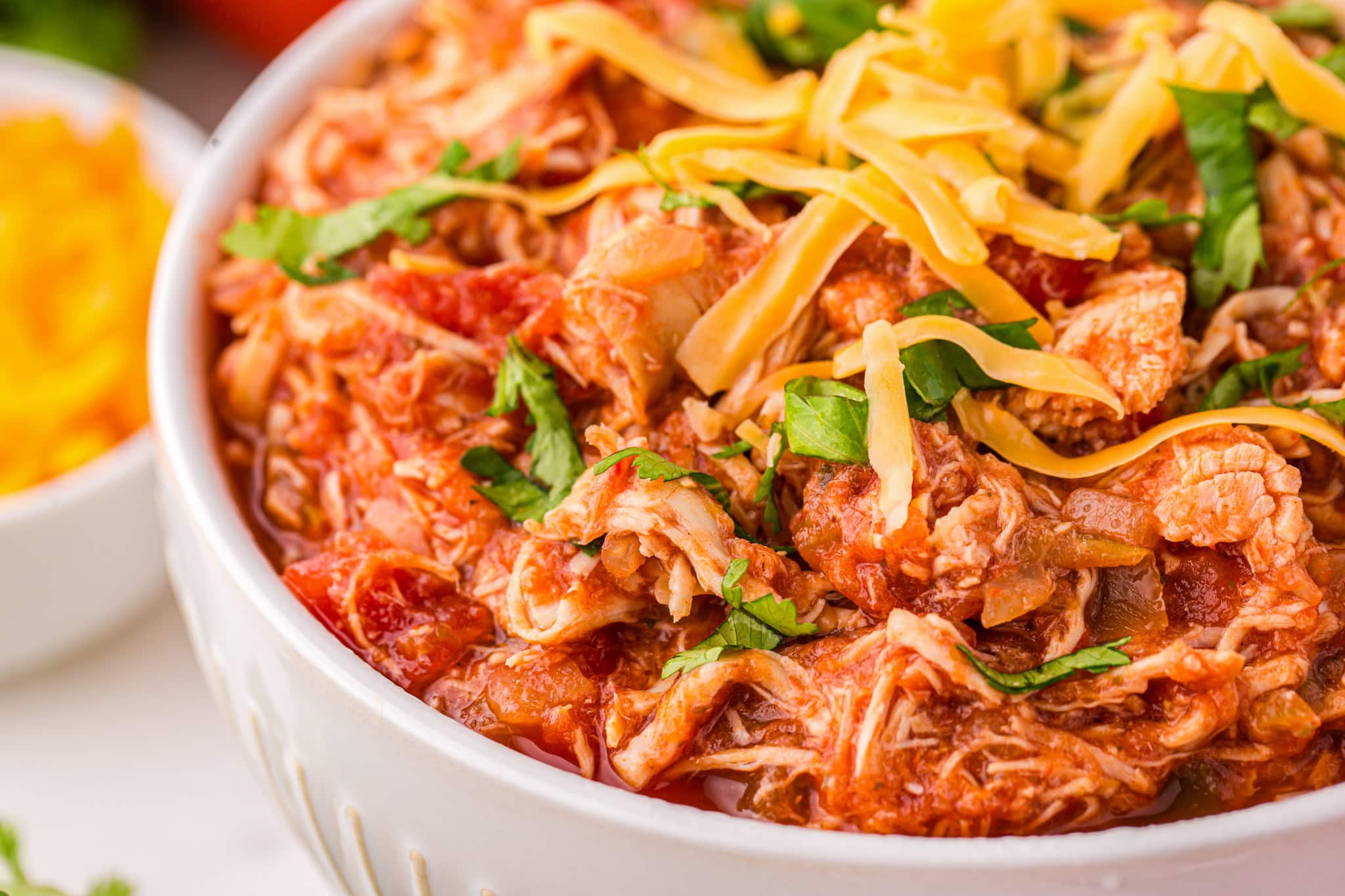 Chicken cooked with salsa in crock pot.
