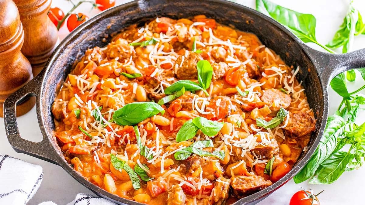 Sausage and cannellini beans cooked in one pan.