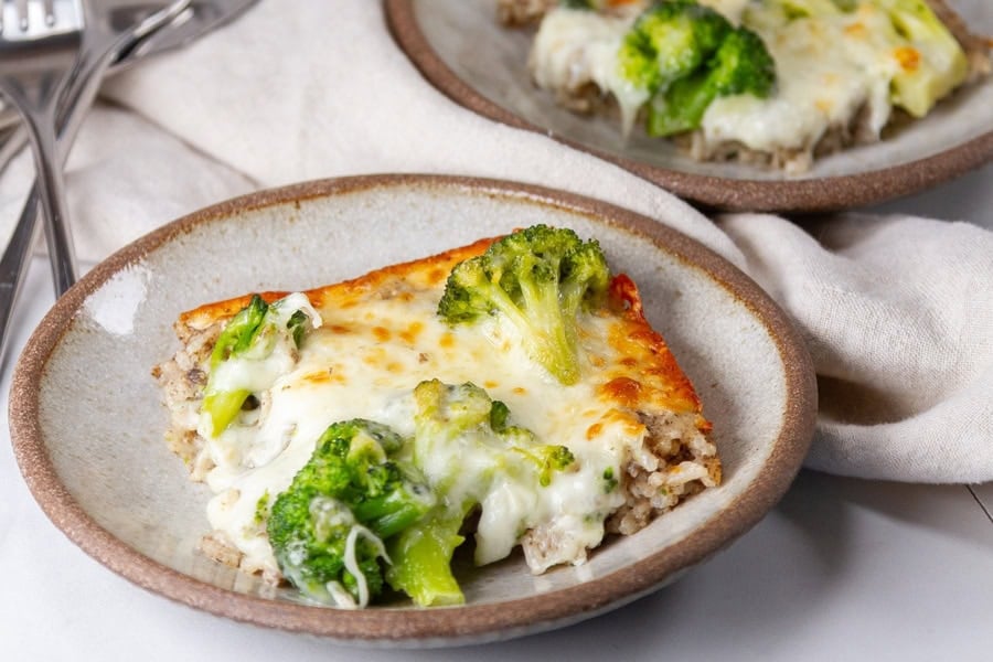 Broccoli and rice baked with cheese.