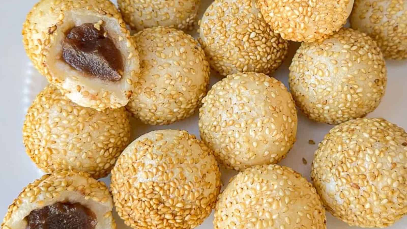 Crispy sesame-covered balls filled with sweet red bean paste.