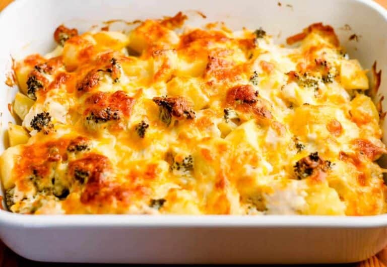A chicken broccoli potato casserole in a baking dish.