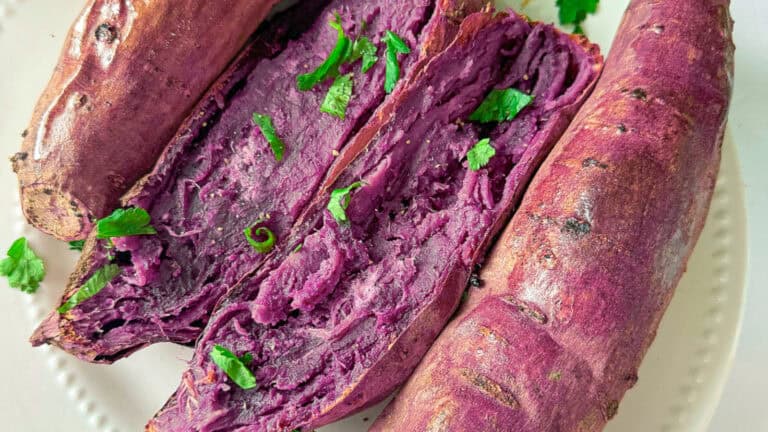 Roasted purple yam on a plate.
