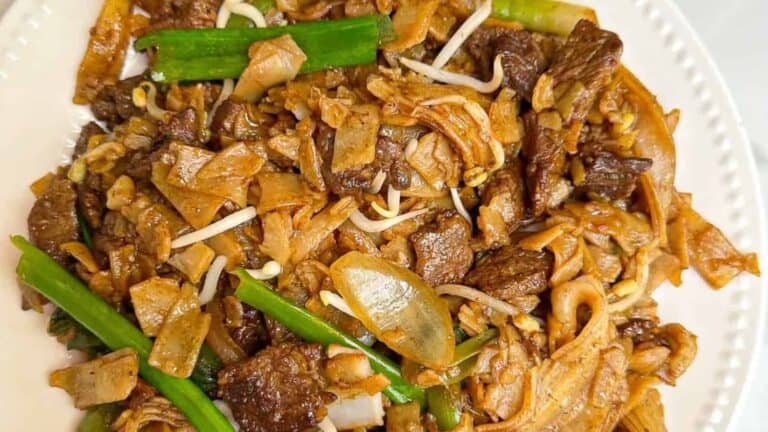 chow fun on a plate with green onions topping.