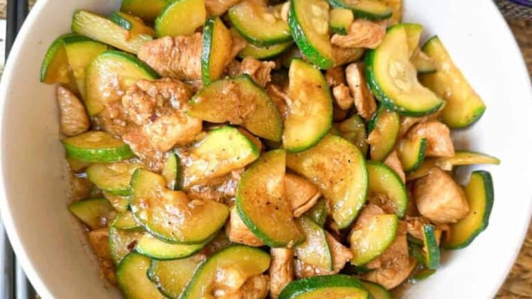 Tasty zucchini stir fry with tender chicken in a savory Chinese sauce.