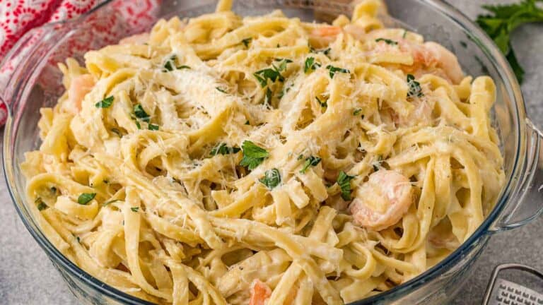 Quick Shrimp Fettuccine Alfredo on a plate.