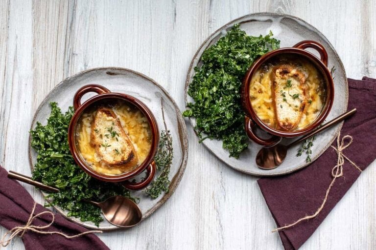 Onion soup topped with melted cheese.