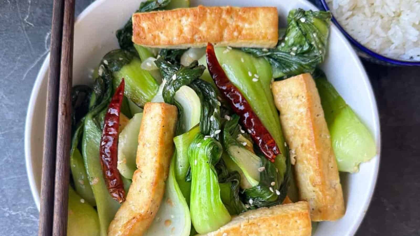 Quick and healthy tofu bok choy stir fry in a bowl.