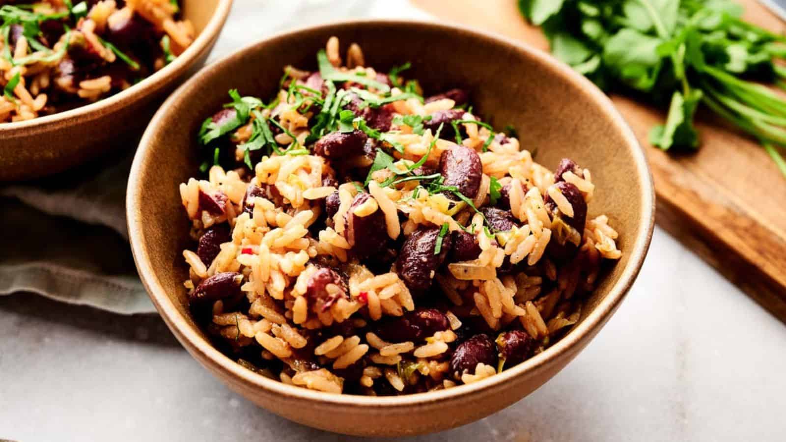 Jamaican red beans and rice on a brown bowl.