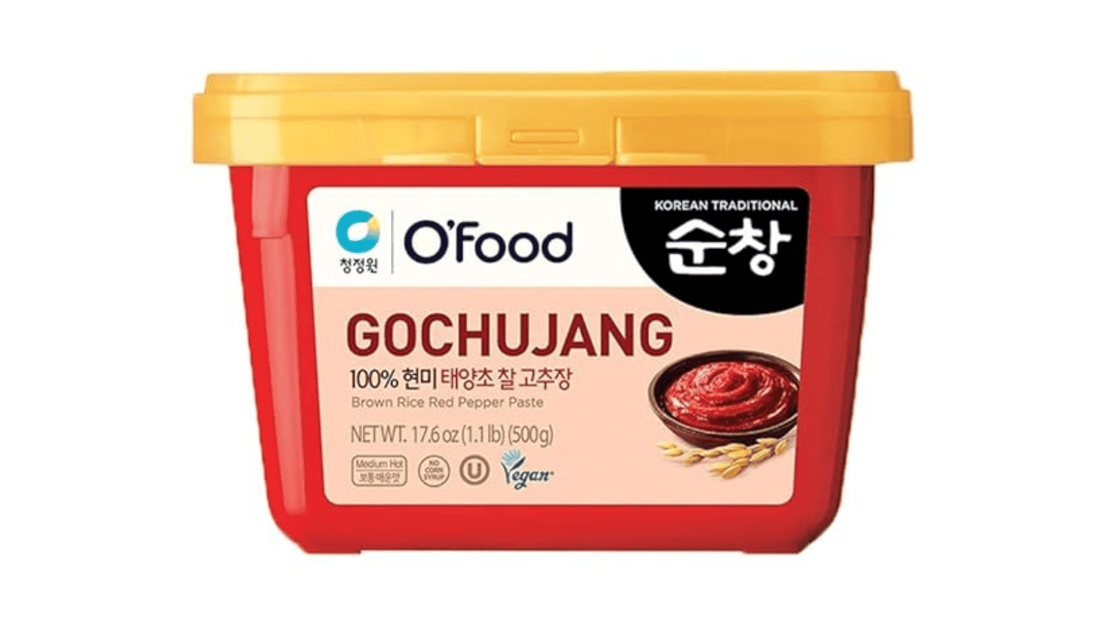 Red rectangular tub of Chung Jung One O’Food Medium Gochujang with peel-off lid and Korean label.