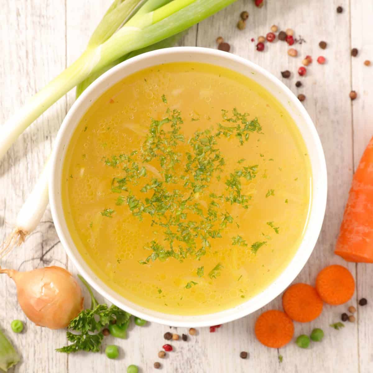 Vegetable broth in a bowl.