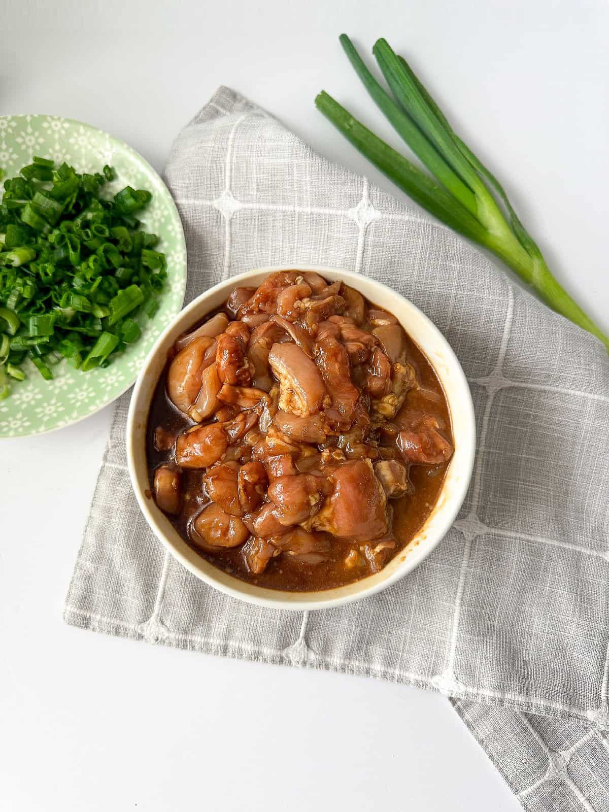 chinese scallion chicken in process.