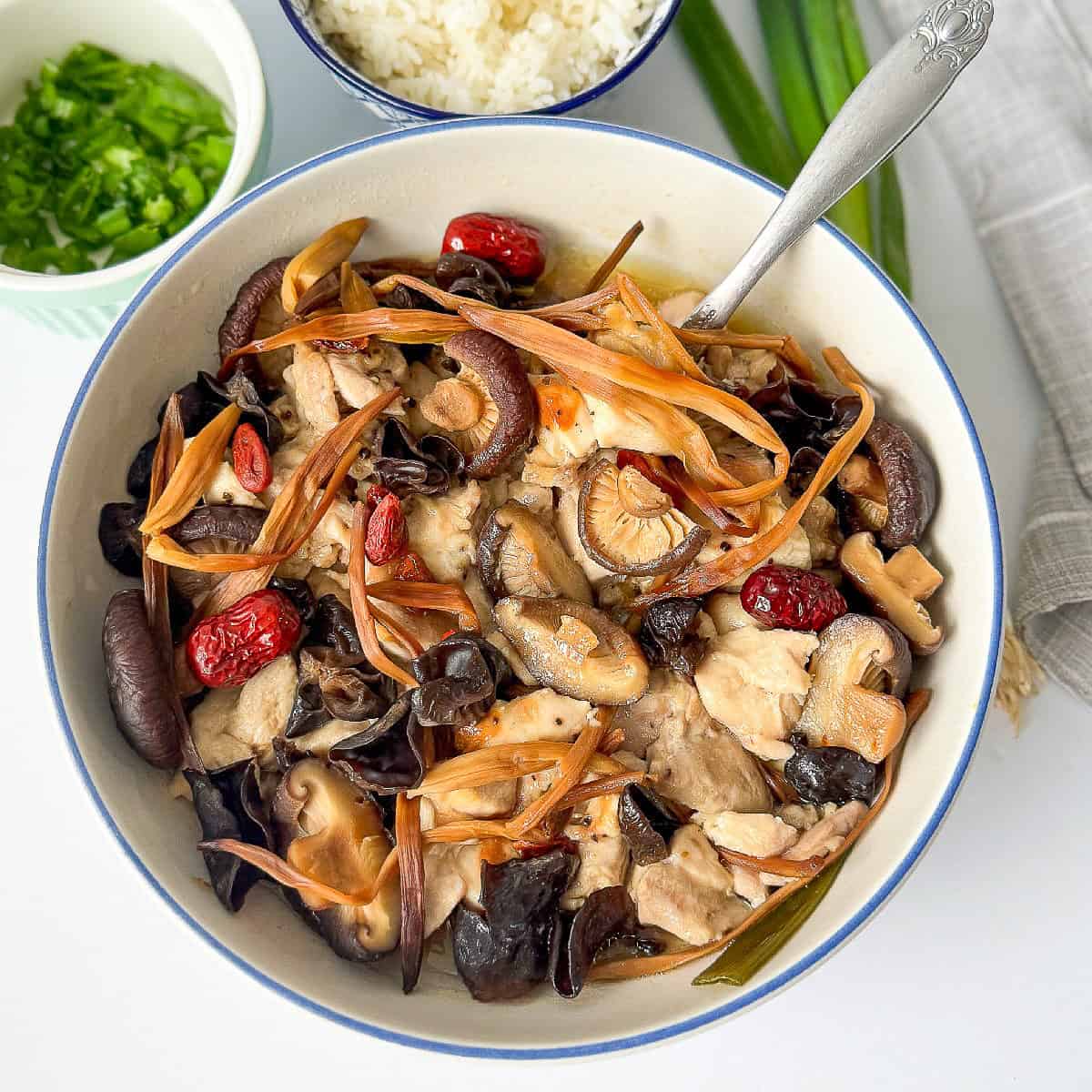 Homemade Chinese steamed chicken soup loaded with wood ear mushrooms, shiitake, dried lily buds, and served with steamed rice and green onions.