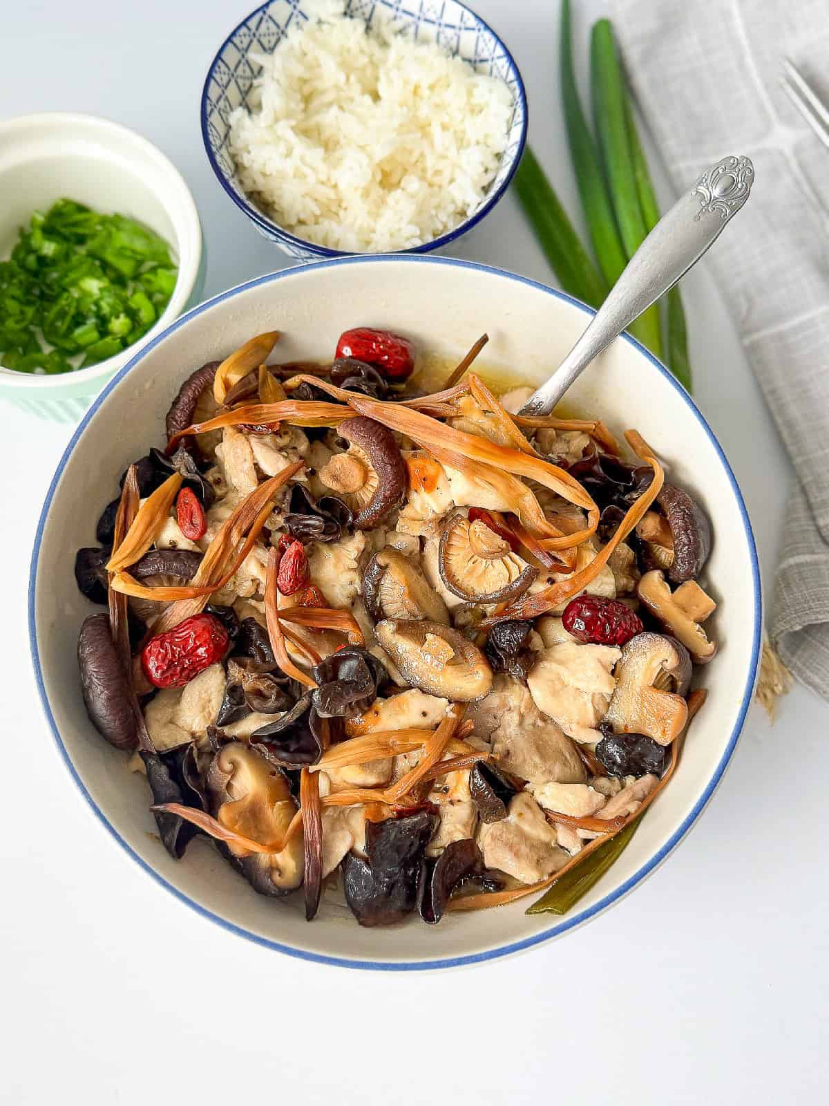 Chinese style steamed chicken soup loaded with wood ear mushrooms, shiitake, dried lily buds, and herbs, served with rice and green onions.