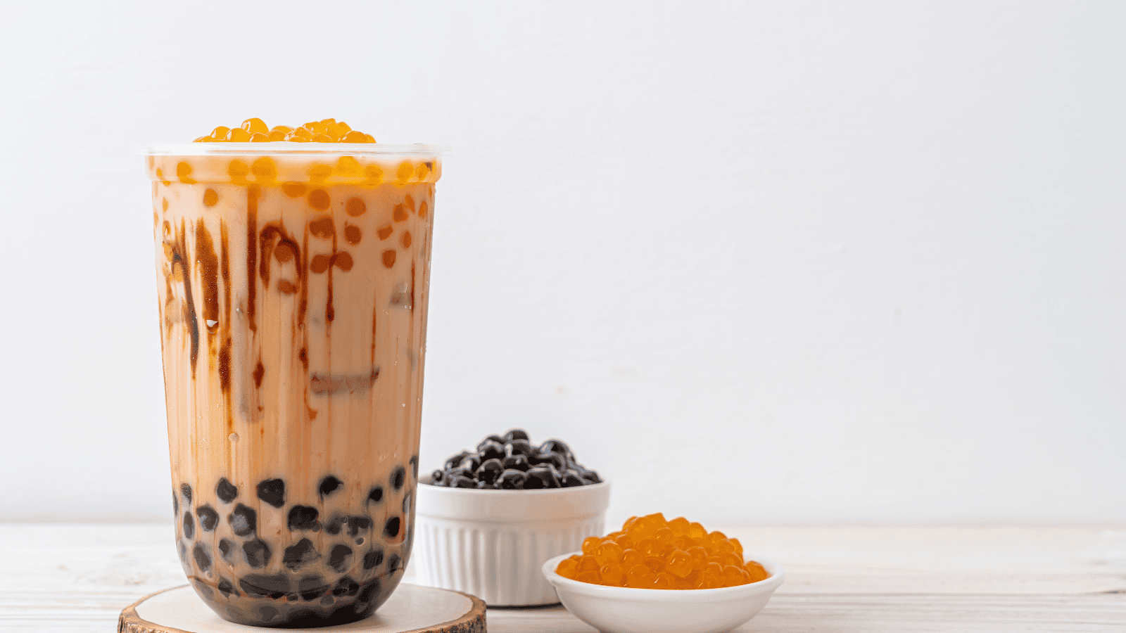Brown sugar boba with soy milk, featuring rich caramel swirls.
