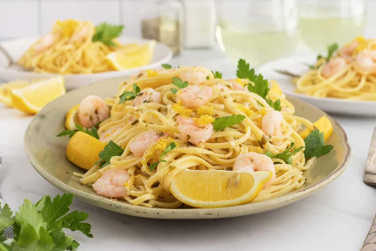 Pasta tossed with garlic shrimp.