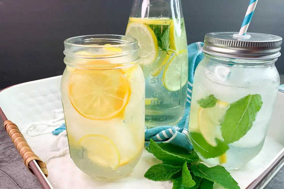 Sparkling water with lemon slices and fresh mint leaves.