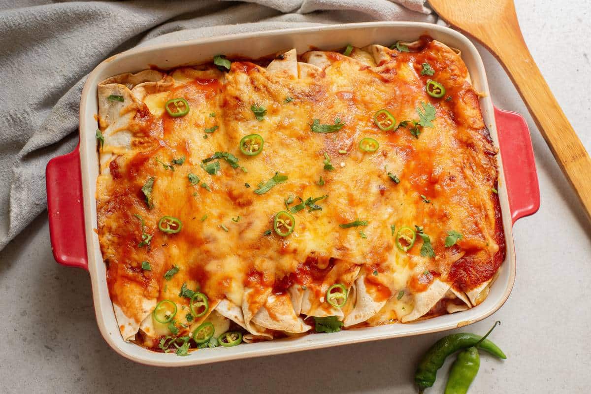 Baked chicken enchiladas with sauce and melted cheese.
