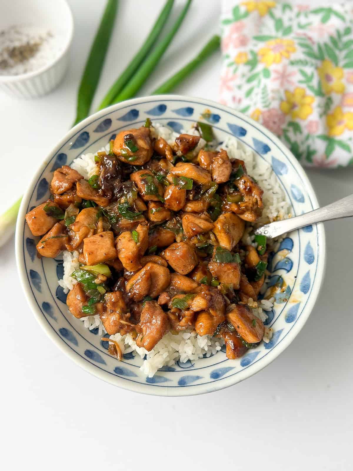 Tasty Chinese scallion chicken cooked with scallions and sauce, presented in a white bowl.