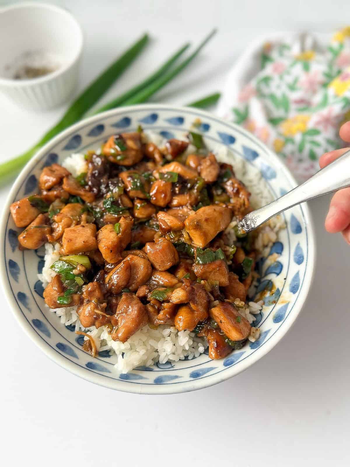 Chinese scallion chicken cooked with scallions and sauce, presented in a white bowl.