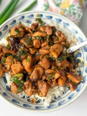 Chinese scallion chicken in a white blue bowl.
