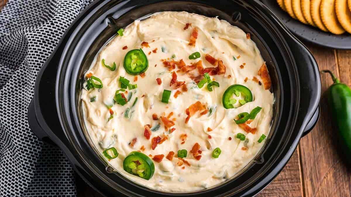 Warm, cheesy dip with jalapeños, bacon, and cream cheese.