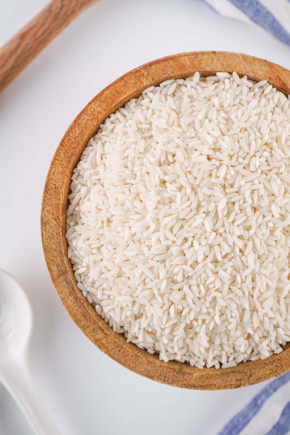 Rice in a wood bowl.