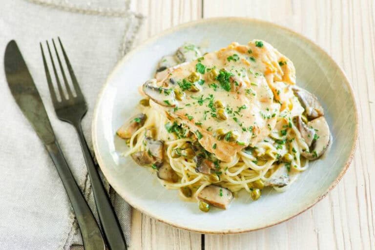 Zesty lemon butter chicken with capers and pasta.
