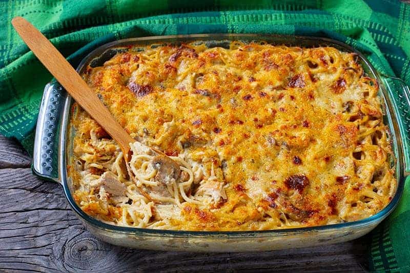 Baked chicken pasta in creamy sauce.
