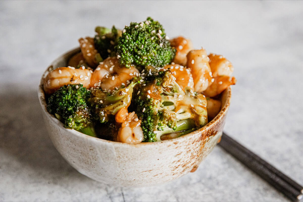 Shrimp and broccoli tossed in spicy stir-fry sauce over rice.