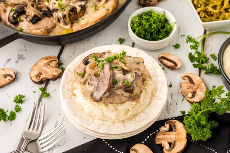Pork chops smothered in creamy mushroom sauce.
