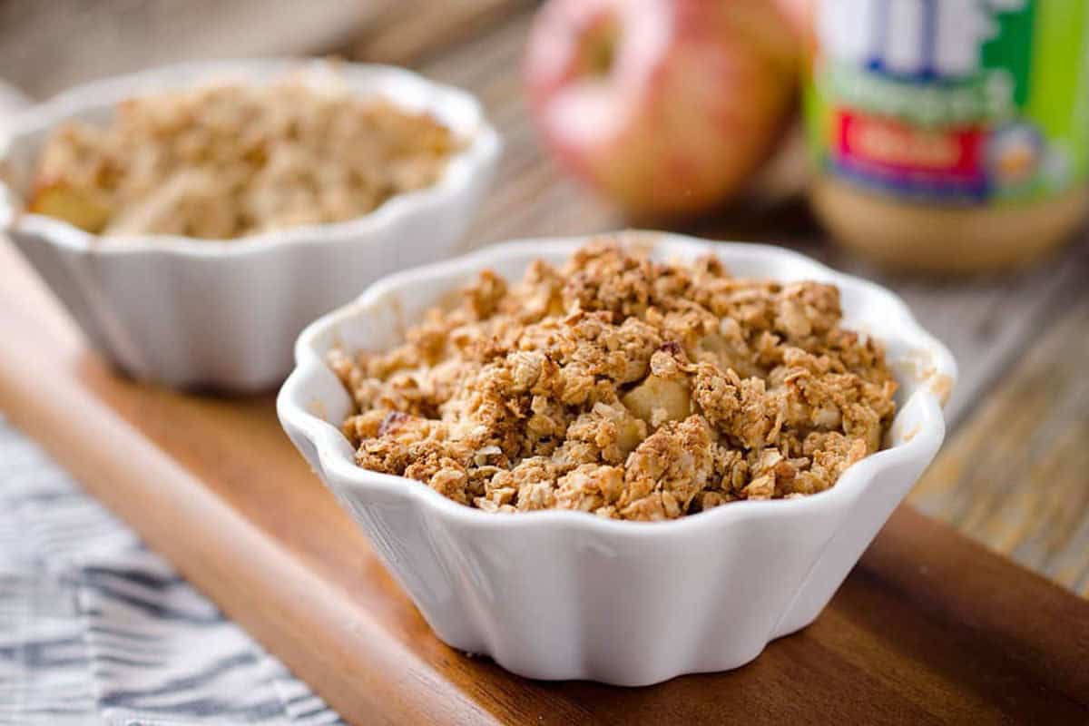 Single-serving apple crisp with peanut butter crumble.