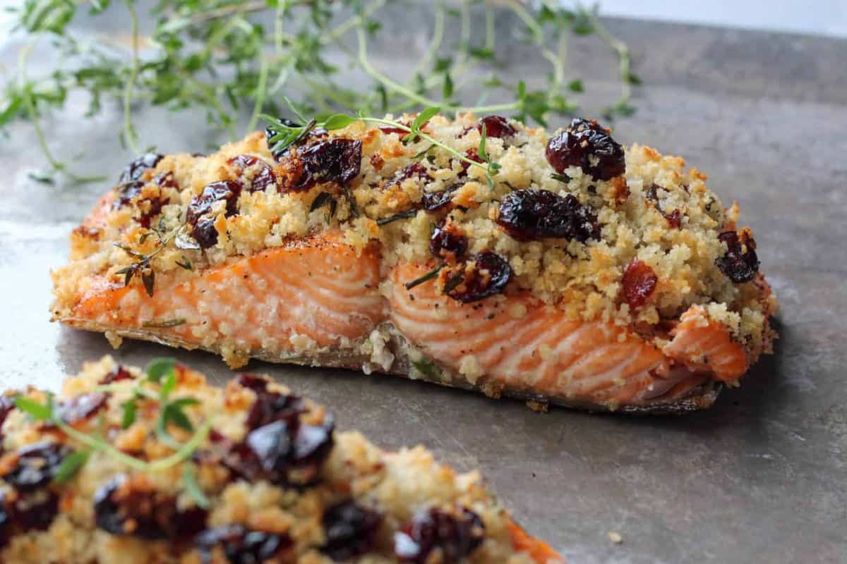 Simple baked salmon with a lightly seasoned crust.