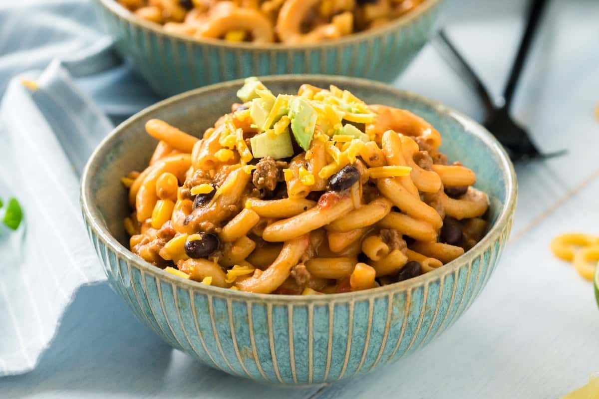 Creamy taco-seasoned pasta with melted cheese and beef.