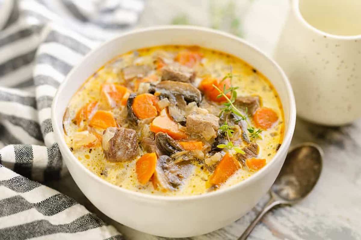 Beef and mushroom soup made creamy in the pressure cooker.