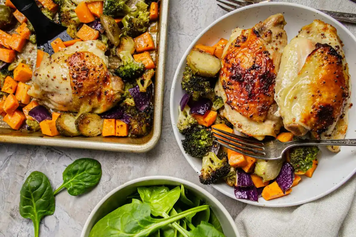 Golden baked chicken thighs.