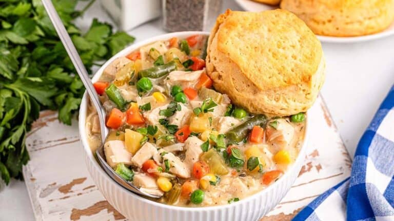 Slow-Cooker-Chicken-Pot-Pie in a white bowl.
