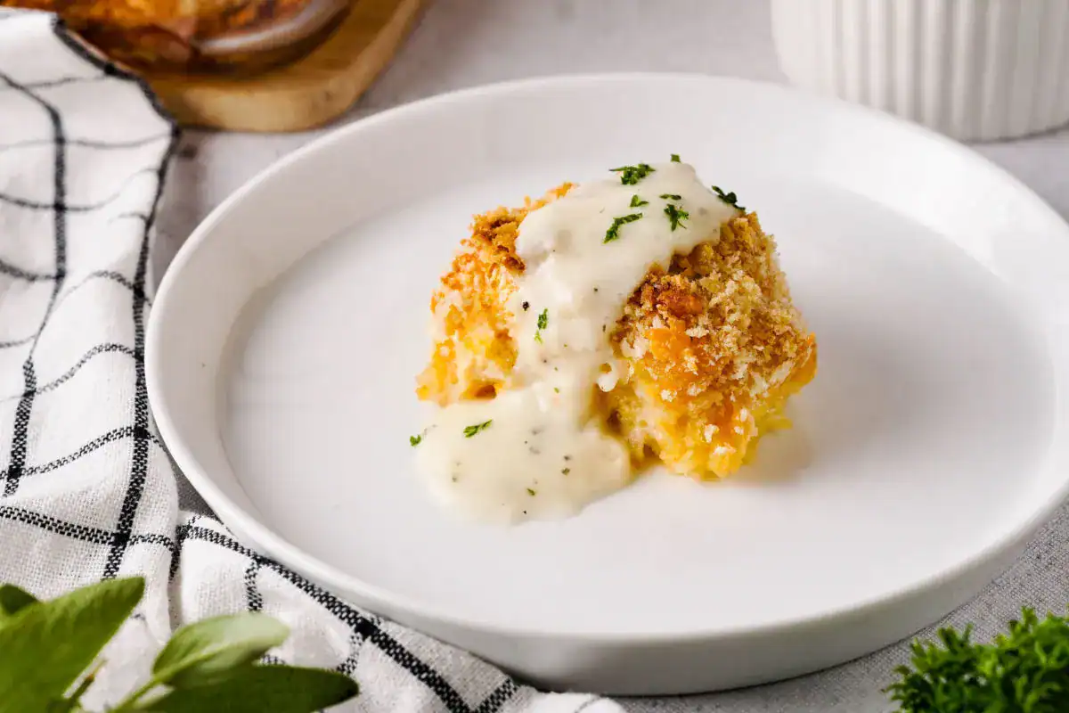 Oven-baked chicken with a cheesy crust.