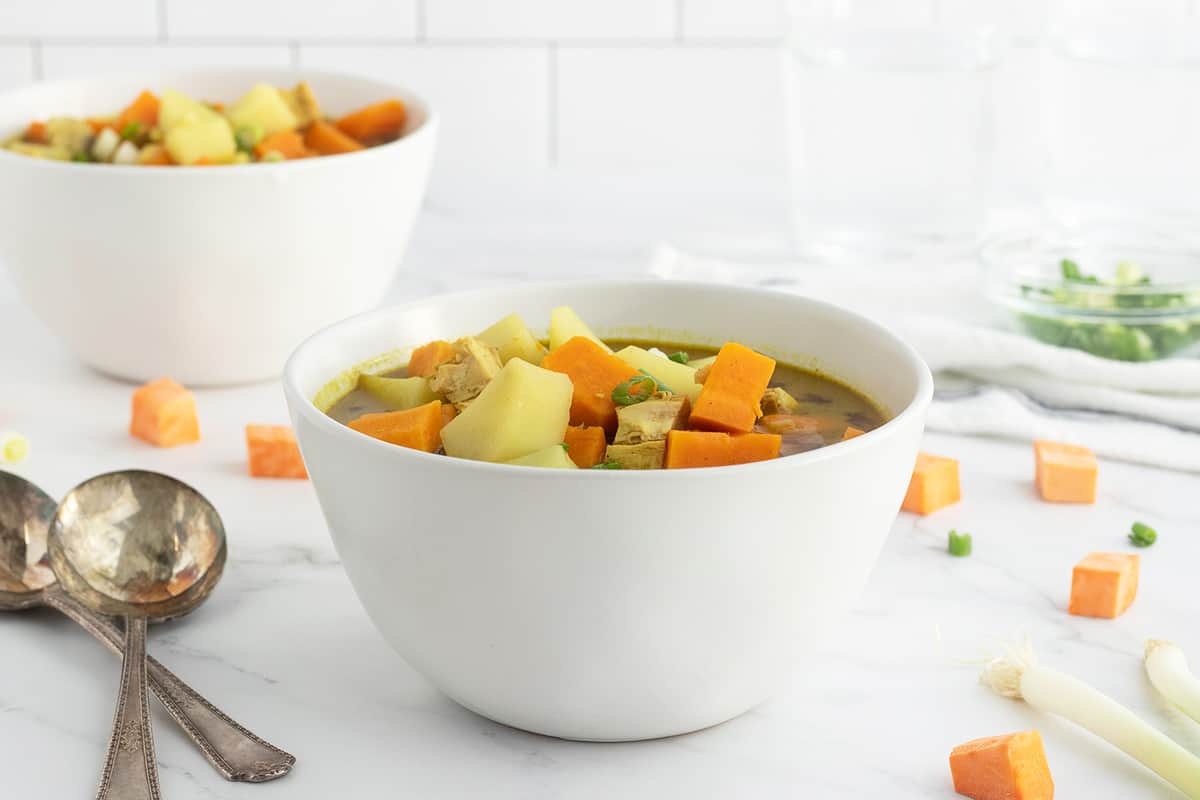Hearty curried soup with sweet potatoes, chicken, and a rich broth.