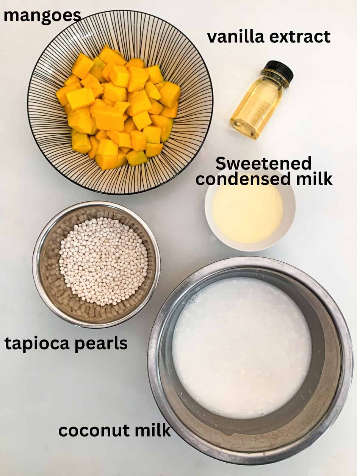 Mango sago ingredients.