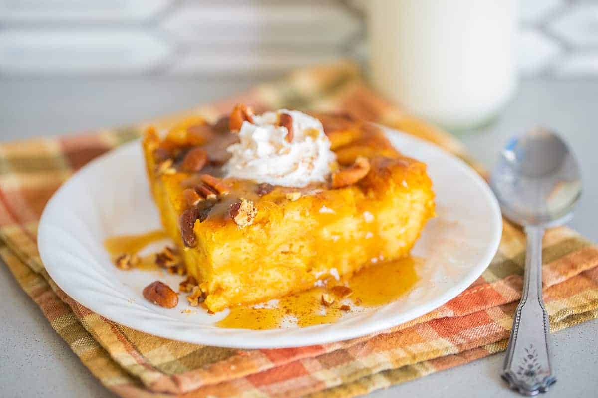 Cozy bread pudding made with pumpkin purée and spices.