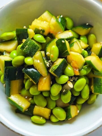 Zoomed-in top view of cucumber edamame salad.