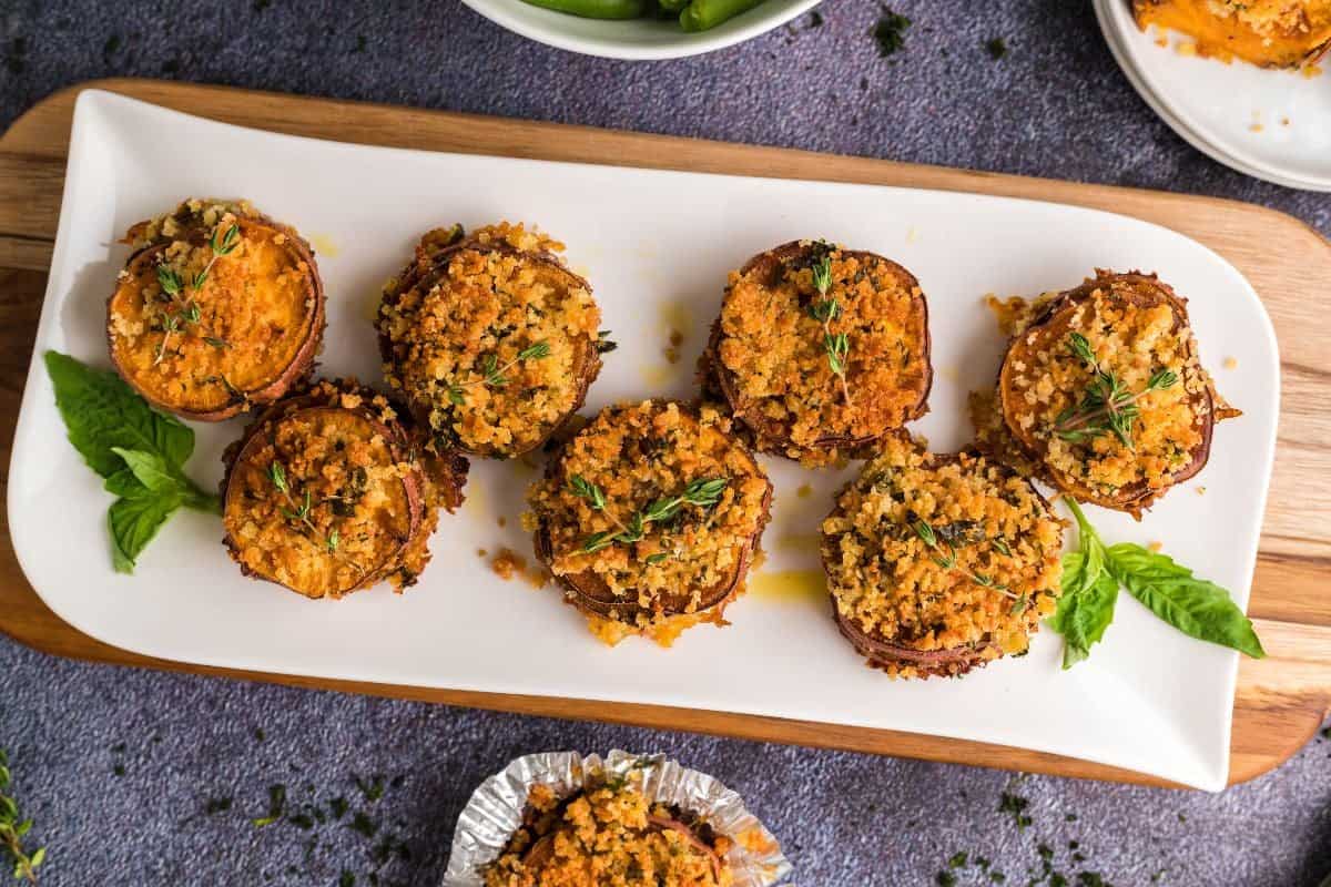 Layered sweet potato slices baked with cinnamon.